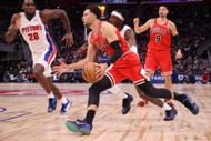 <a href='https://www.sportskeeda.com/basketball/zach-lavine' target='_blank' rel='noopener noreferrer'>Zach LaVine</a> #8 of the Chicago Bulls drives.